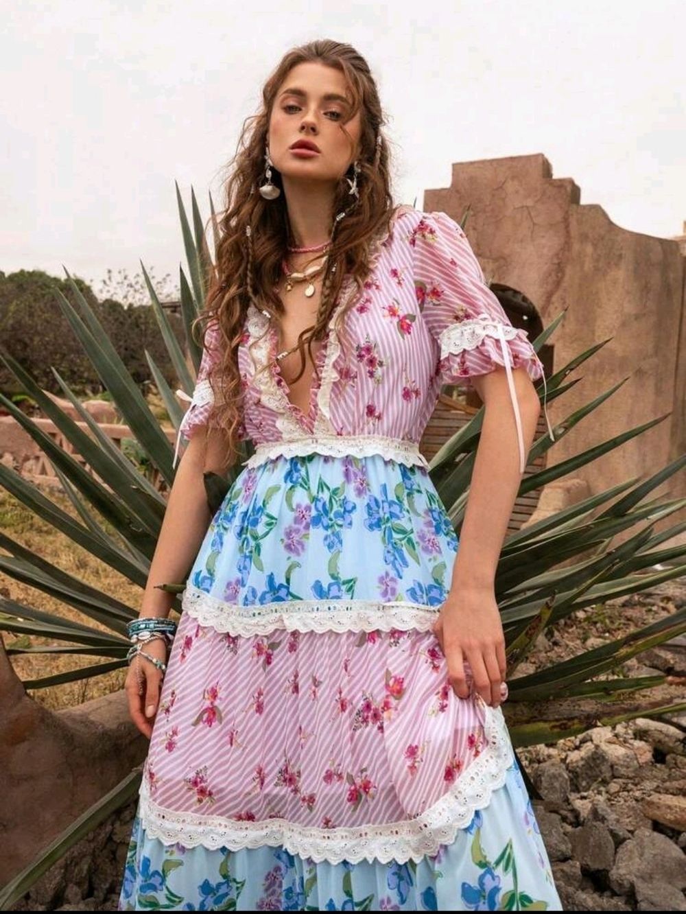 Floral Tiered Maxi Dress in Pink and Blue - Picture 4 of 16